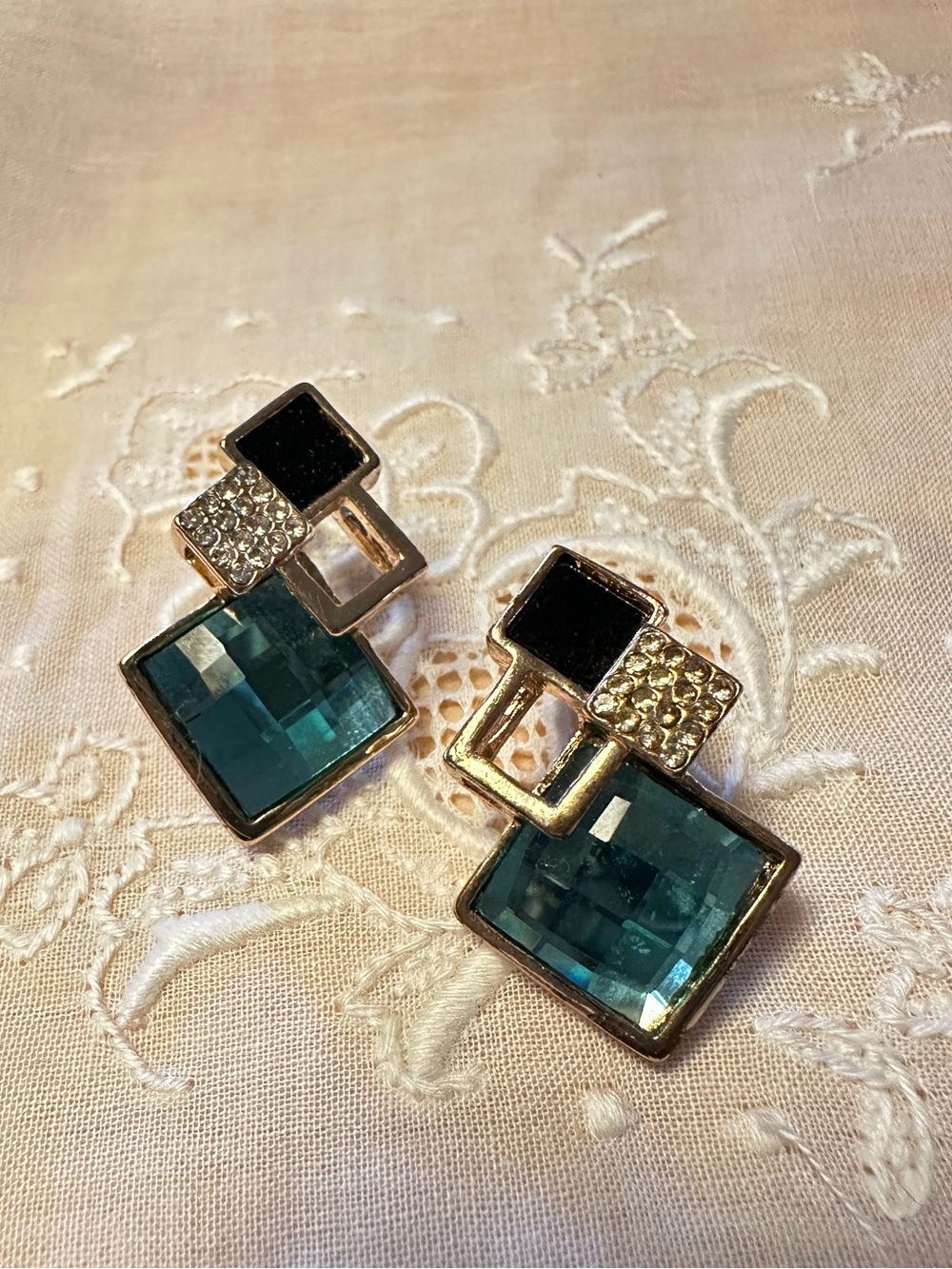 Art Deco Style Teal Crystal Geometric Statement Earrings Gold Tone